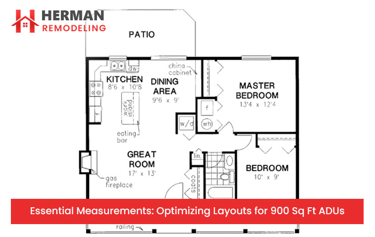 Detailed layout design of a 900 sq ft ADU showcasing optimized space