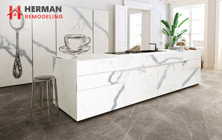 Modern kitchen with Royal Stones porcelain slab countertops for a stylish and durable design.